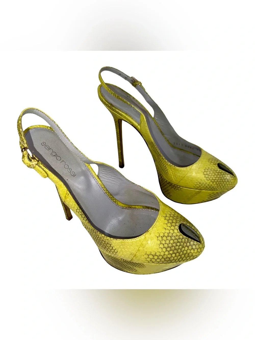SERGIO ROSSI YELLOW SNAKE SLINGBACK PLATFORM HEELS